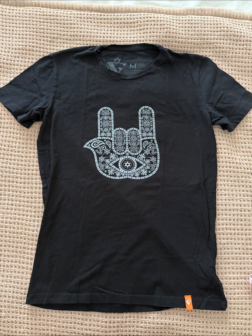 Black Graphic Tee with Ornate Hamsa Symbol